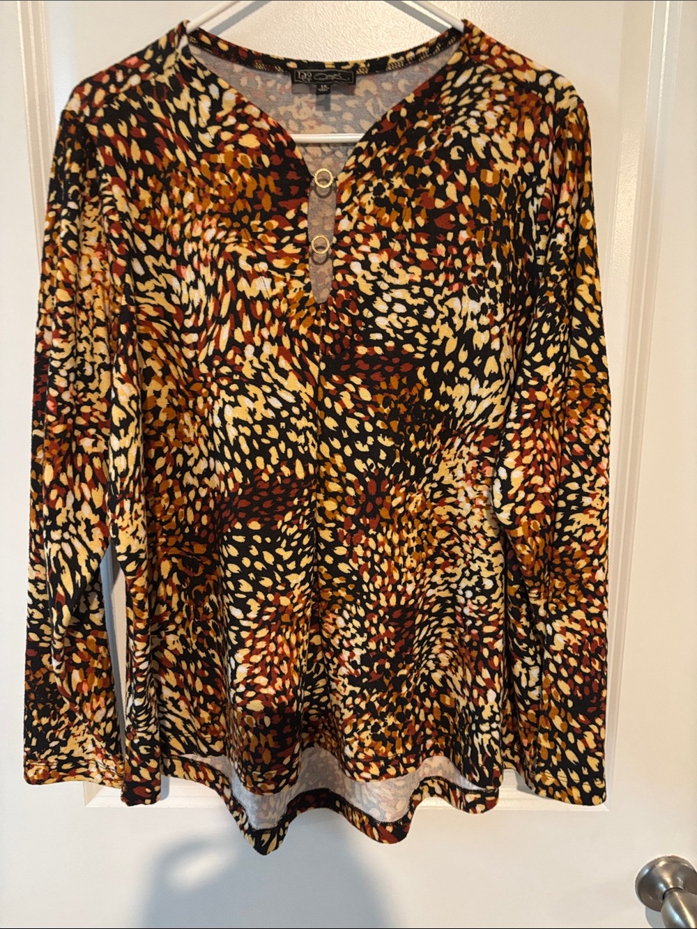 DG2 by Diane Gilman Long-Sleeve V-Neck Top in Black, Mustard & Rust